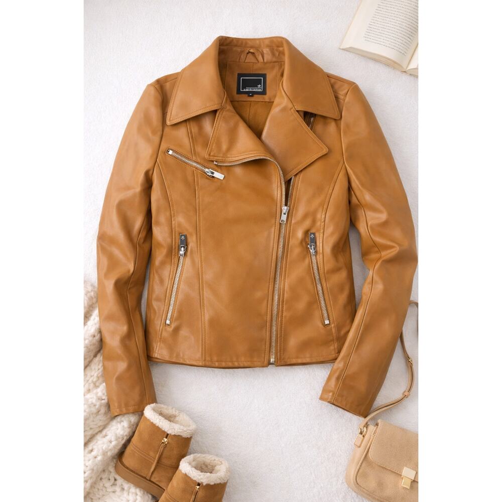 Lily & Lottie Women’s Small Tan Faux Leather Moto Jacket Short Zip-Up